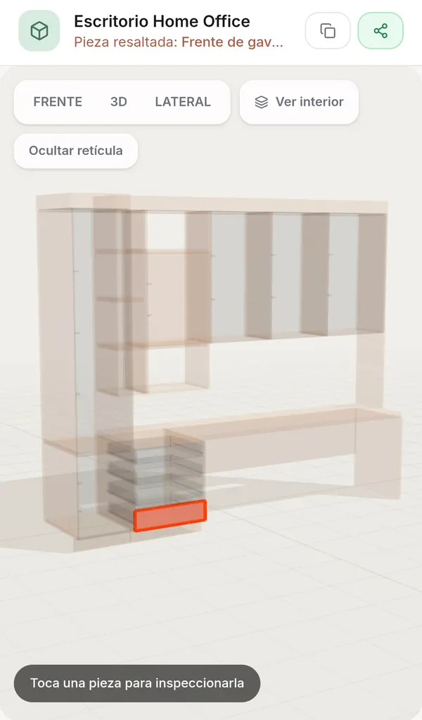 Un teléfono mostrando el mueble en 3D con el frente de gaveta resaltado en rojo, y los controles para verlo de frente, de lado o por dentro